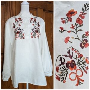 Irish Linen Embroidered Tunic Top with Rust Floral Accents